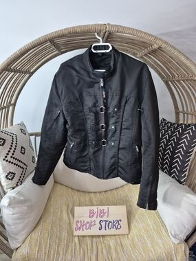 Vintage Women's Black Buckle-Front Moto Jacket YKK moto PADDED racing